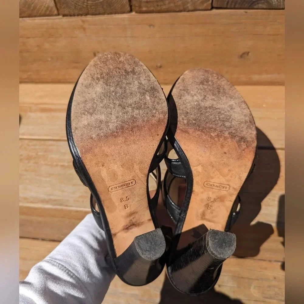 Coach Tamarah Black Leather Turn Lock Stacked Heels Women's Sandals